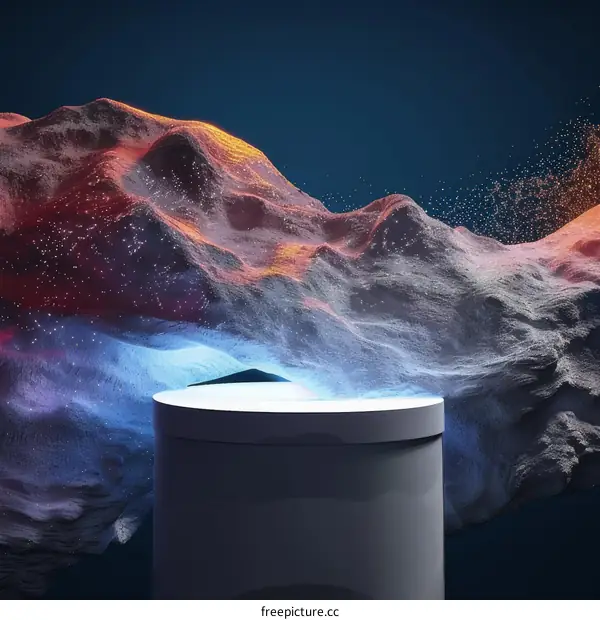 futuristic podium with colorful particles