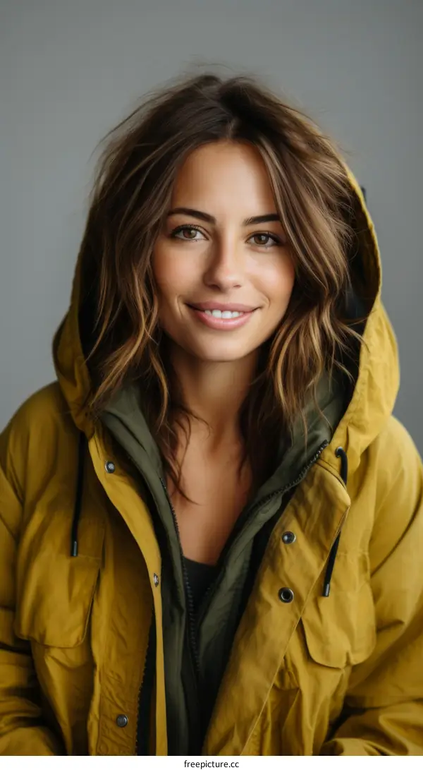 portrait of a smiling young woman in a yellow jacket