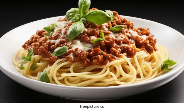 A plate of spaghetti with meat sauce and basil