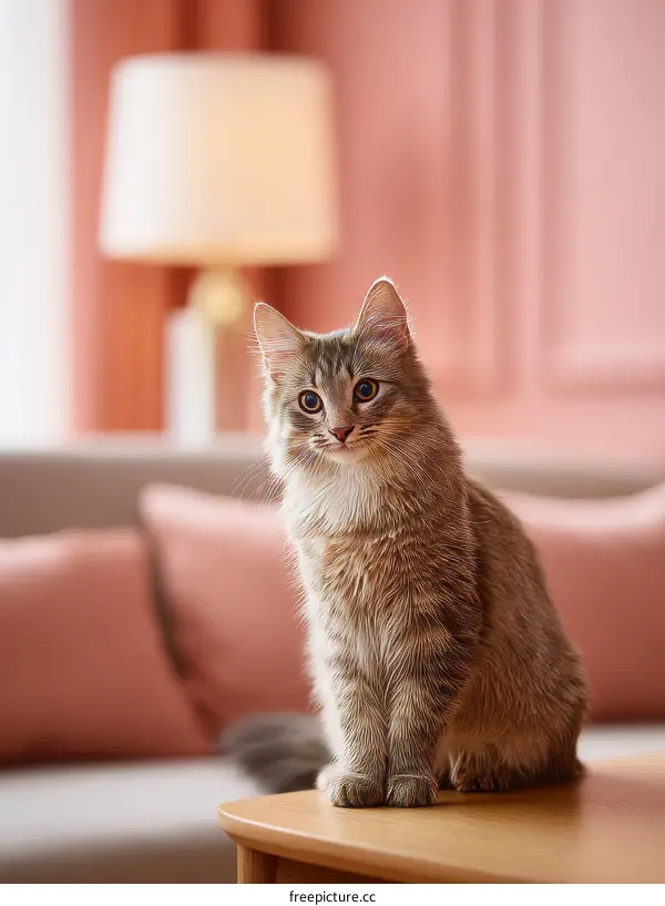 Cute Kitten Posing on a Wooden Table in a Pink Room