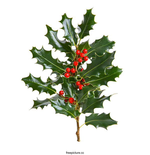[Transparent Background PNG]Green Holly Sprig With Red Berries Isolated On White Background