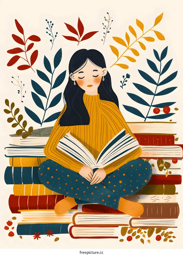 Woman Sitting on Books with Fall Leaves Illustration