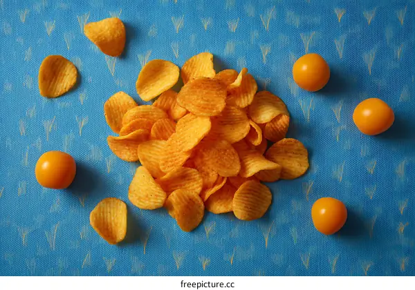 Crispy Potato Chips and Fresh Fruits on Blue Background