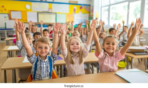 Elementary School Children Raising Hands in Classroom