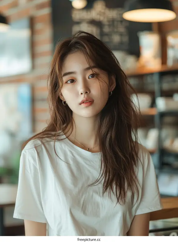 A young Asian woman with long brown hair is sitting in a cafe looking at the camera.