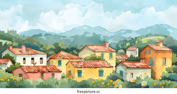 watercolor painting of a small village in the countryside