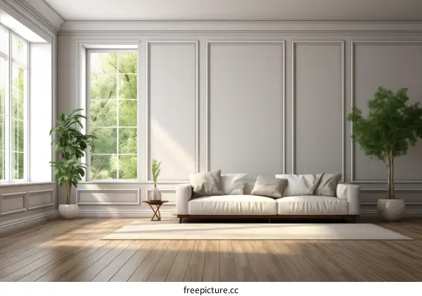 Bright spacious living room with white sofa and plants near the windows