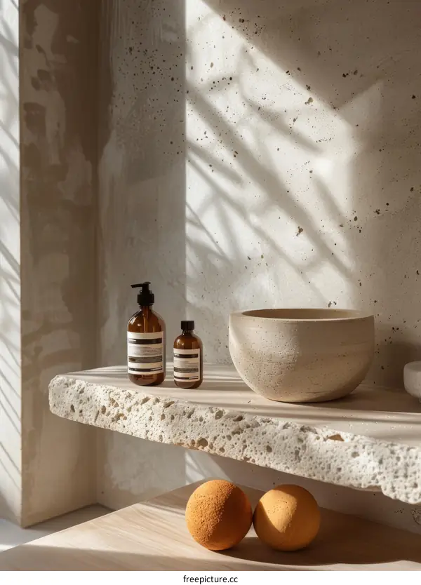 Concrete bathroom vanity with ceramic bowl and Aesop bottles