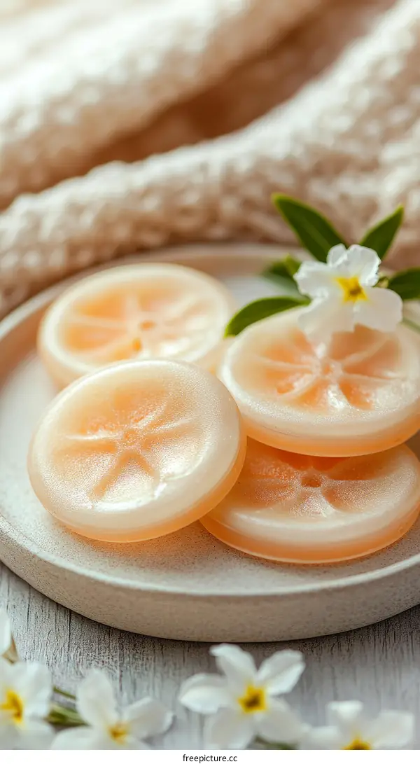 Delicate Peach-Colored Soap Rounds on a Plate with Flowers