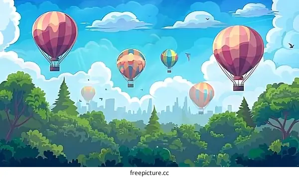Colorful Hot Air Balloons Flying Over Green Forest