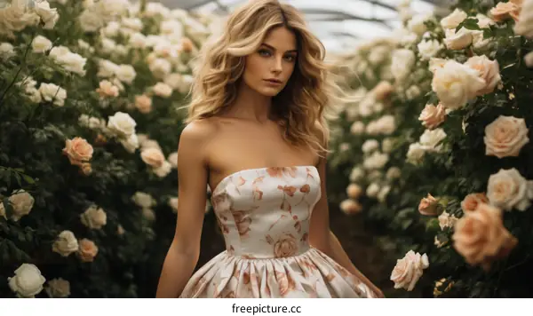 portrait of a beautiful blonde woman wearing a floral dress standing in a rose garden