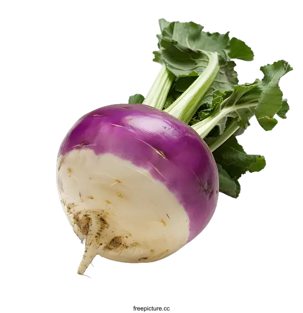 [Transparent Background PNG]Fresh Purple Top Turnip with Green Leaves Isolated on White Background