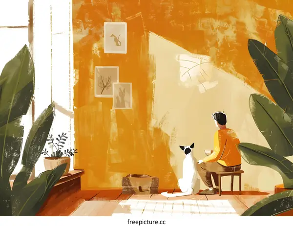 Man and Dog Sitting in a Room with a Window and Plants