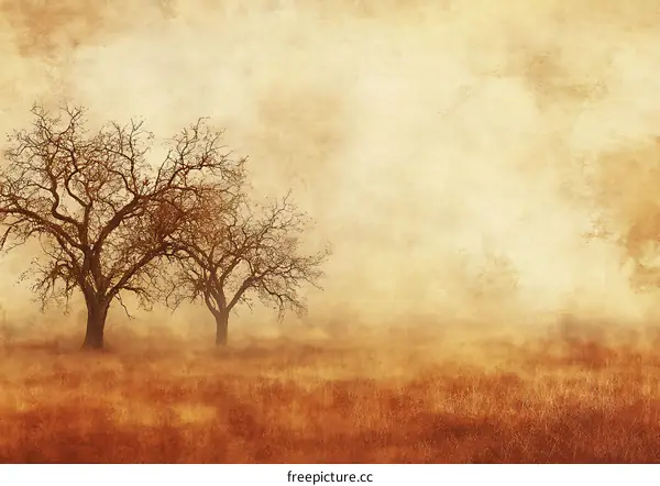 Two Bare Trees in a Foggy Field