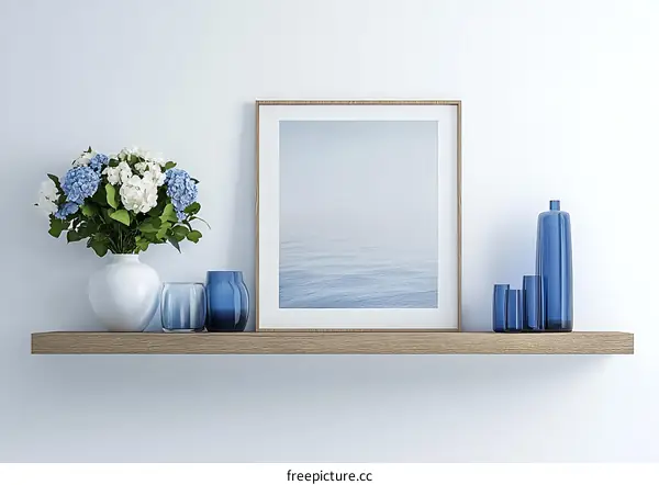 Cozy Home Decor Shelf Display with Blue Decor