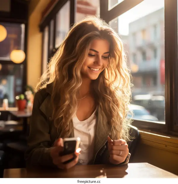 Smiling woman looking at her phone in a cafe