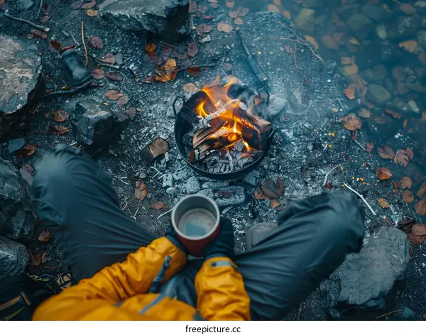 A person sitting by a campfire in the woods