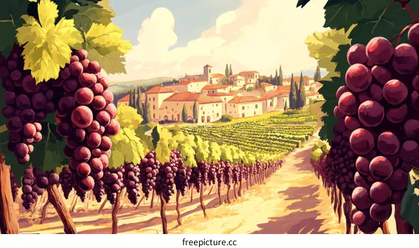 Vintage Vineyard Landscape Illustration