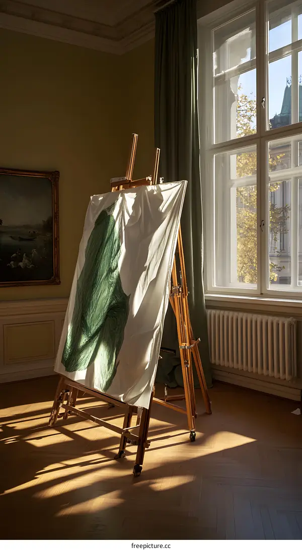 Easel with Canvas Painting in Room with Sunlight