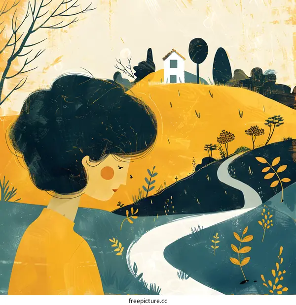 Woman Looking at Landscape with House on a Hill