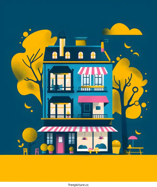 Night Cityscape with Building and Trees