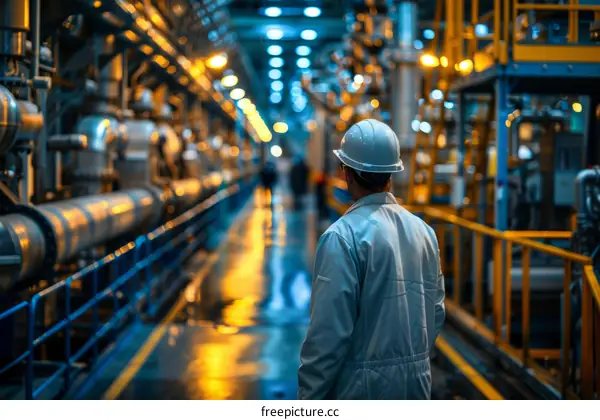Engineer wearing hardhat inspecting industrial chemical plant
