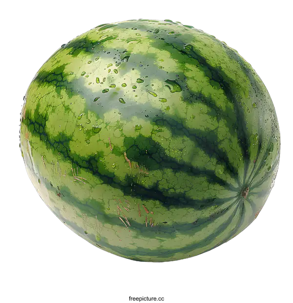 [Transparent Background PNG]A large green watermelon with dark green stripes and water droplets on its surface