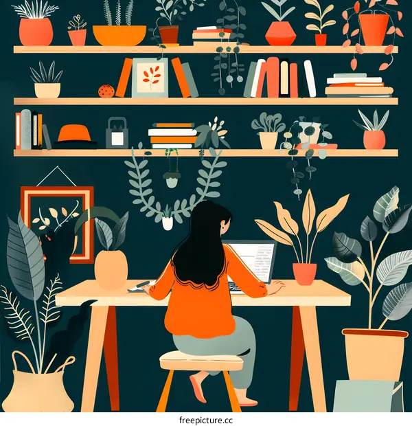 Woman Working at Home with Plants and Books