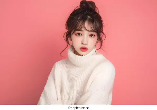 Portrait of Asian Woman with Pink Background and White Sweater