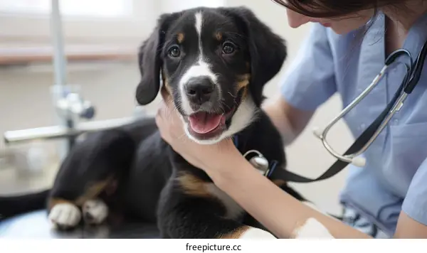 A veterinarian examines a puppy's teeth