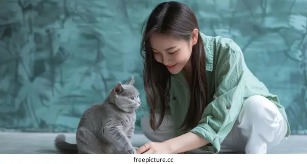 A young woman is playing with a gray cat on the floor