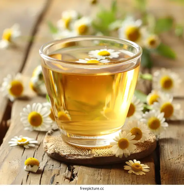 Chamomile tea in a glass cup on a wooden table