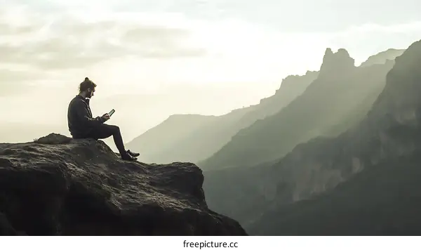 Man Sitting on a Cliff Edge with Mountains in the Background