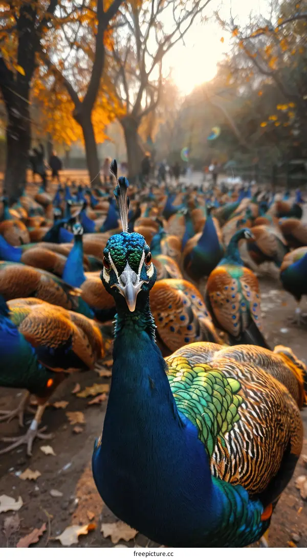 Majestic Peacock Staring with Many in Background