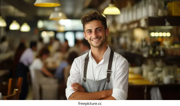 Portrait of a happy young waiter in a restaurant