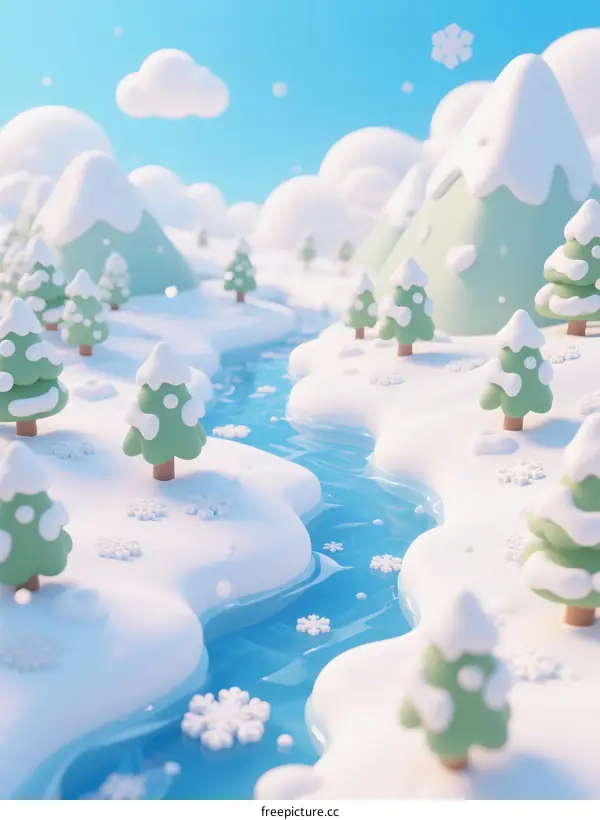 A Charming 3D Rendered Winter Landscape with Snowy Trees and River