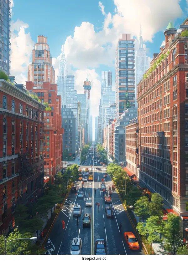 A Sunny Day Cityscape with Cars and People