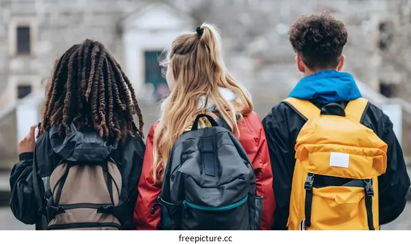 Three Teenagers With Backpacks Walking On The Street