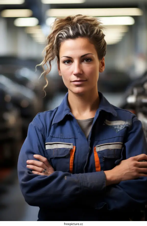 Portrait of a confident female mechanic in a blue jumpsuit standing in a garage with her arms crossed.