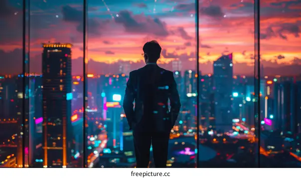 Businessman looking at the city from the top of a skyscraper