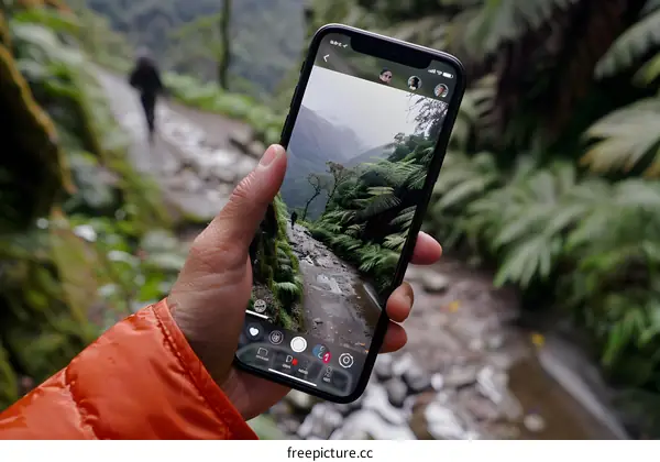 Person Using Smartphone to Capture Nature Scene