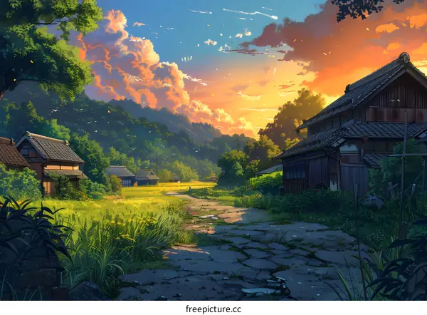 Countryside landscape with traditional Japanese houses