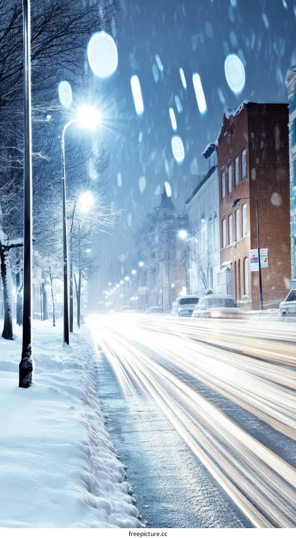 Snowy Night City Street with Car Light Trails