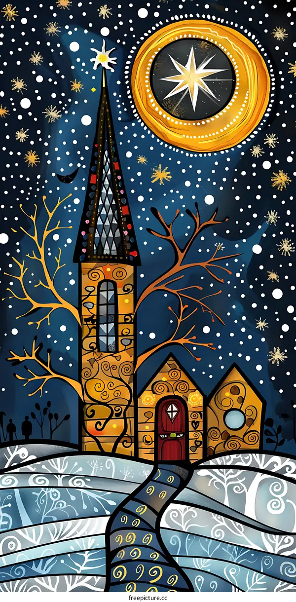 Snowfall Night with Church and Star