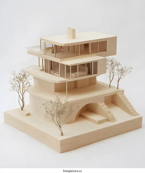 Modern Architectural Model with Wooden Material and Glass Windows