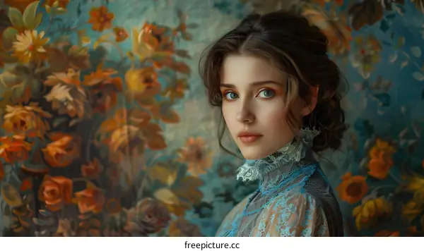 portrait of a beautiful young woman in a blue dress with a white collar