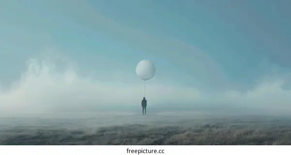 Man holding a balloon in a foggy field