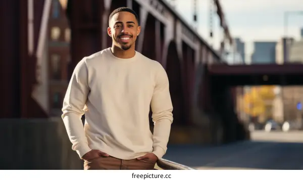 Handsome young African-American man smiling in front of a bridge