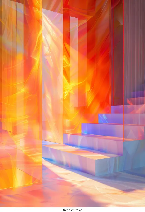 Abstract 3D rendering of a modern glass staircase with colorful reflections