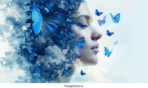 Blue butterflies and flowers on a woman's face